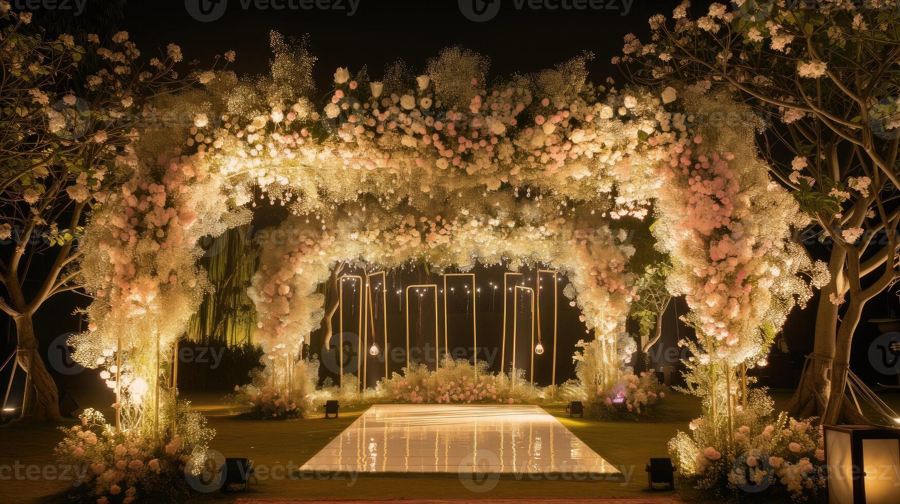 AI generated a romantic wedding stage adorned with delicate flowers, emanating an atmosphere of love and enchantment as couples exchange vows in a breathtaking setting. photo