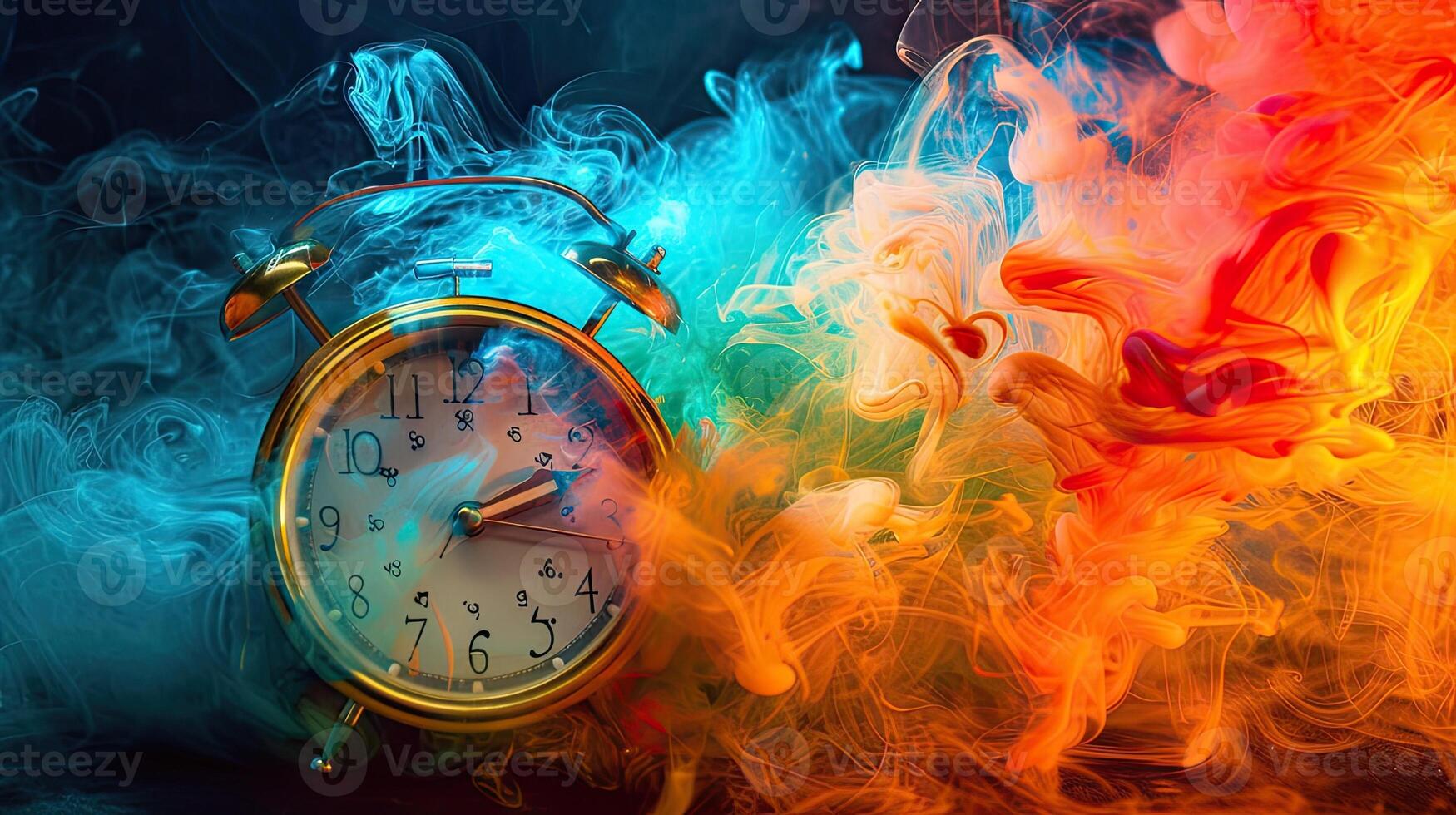 AI generated a clock rings loudly, its vibrant colors blending with bright colored smoke, creating a visually striking scene of alertness and heightened awareness. photo