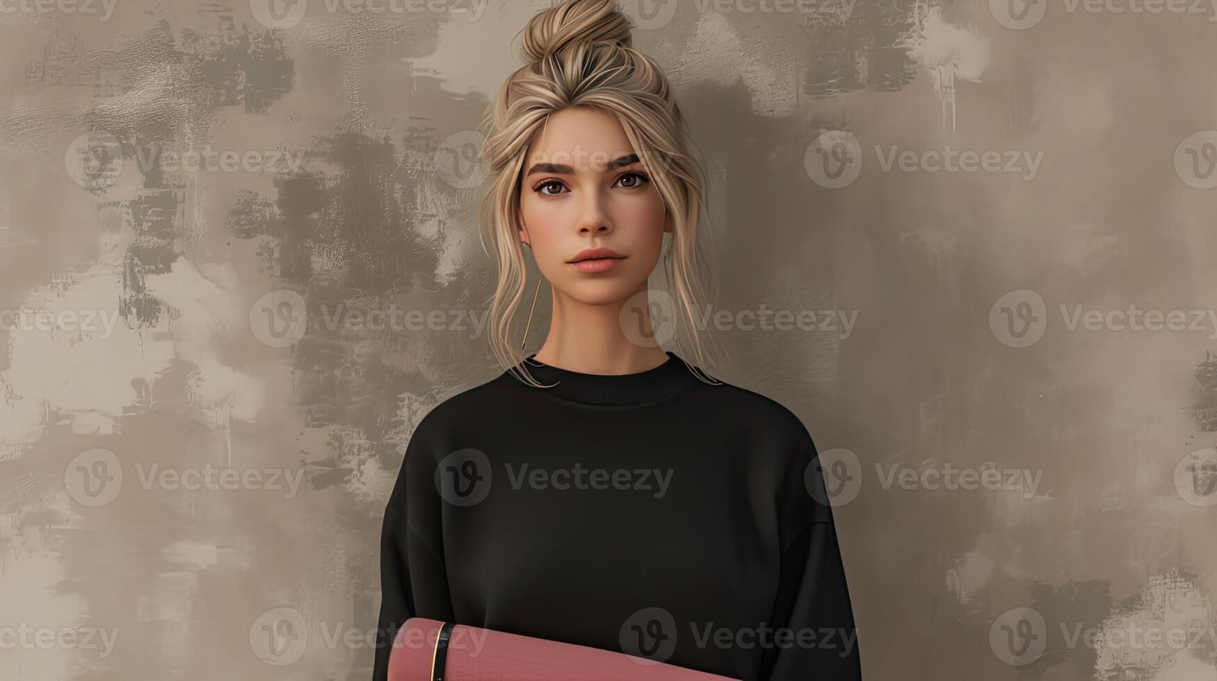 AI Generated a woman with blond hair styled in a casual bun, effortlessly showcasing a plain black crewneck sweatshirt with no wrinkles, her demeanor exuding confidence as she carries a rolled-up pink photo