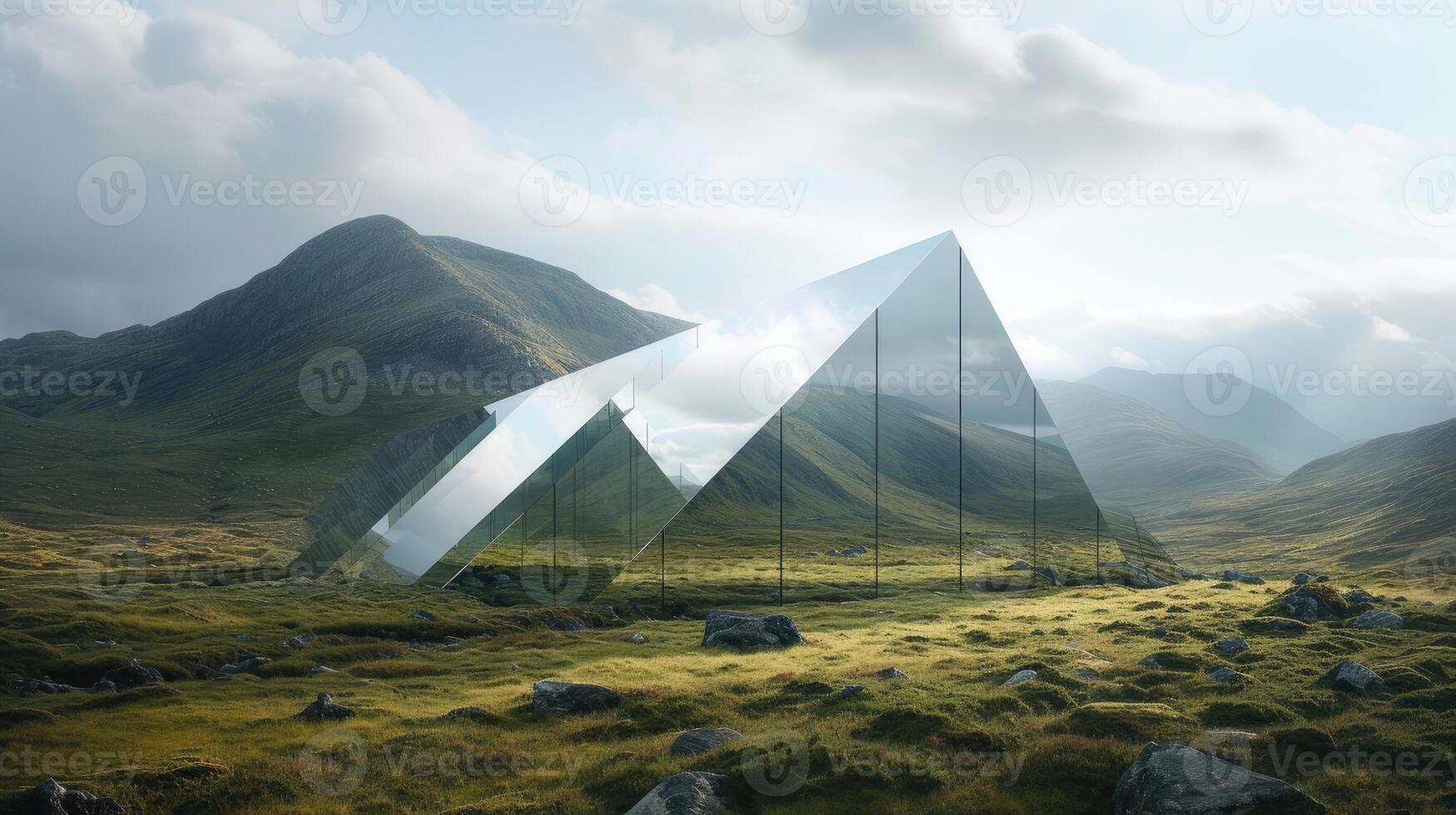 AI generated a mountain landscape crafted entirely from mirrors in a realistic photograph, reflecting the surrounding environment and creating a mesmerizing optical illusion. photo