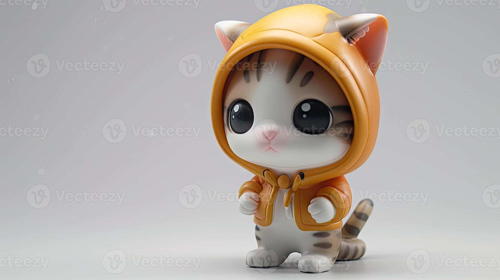 AI generated a cute little cat donning a hoodie, captured in a standing posture against a solid light background, showcasing super-detailed craftsmanship from a main view. photo