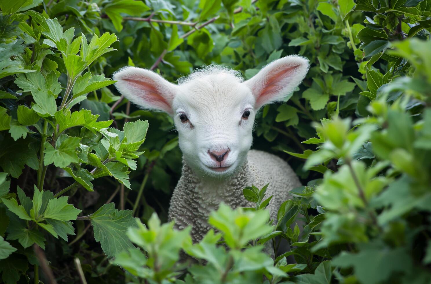 AI generated Lamb Peeking Out From Bushes photo