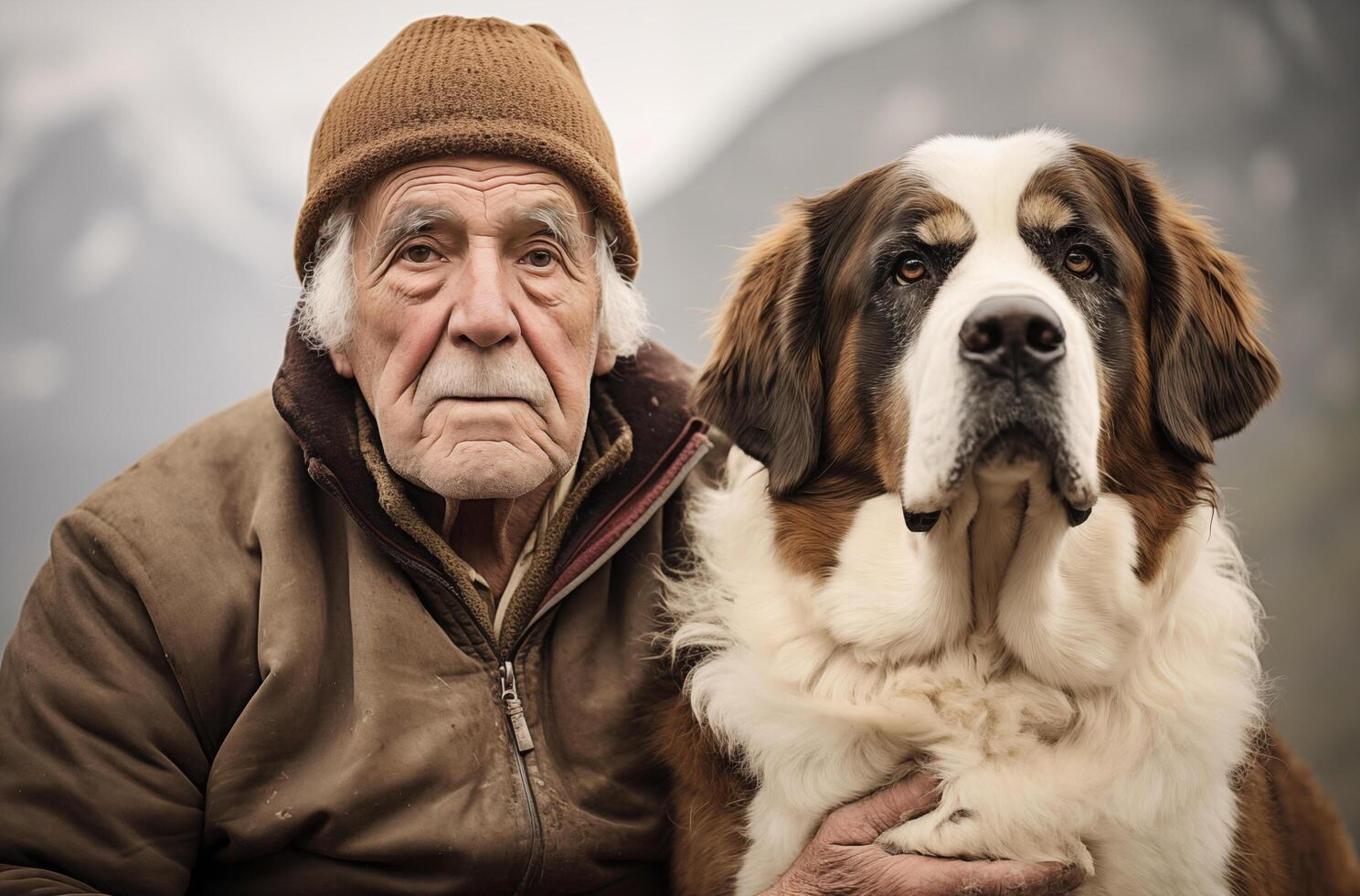 AI generated Elderly Gentleman With Large Brown and White Dog photo