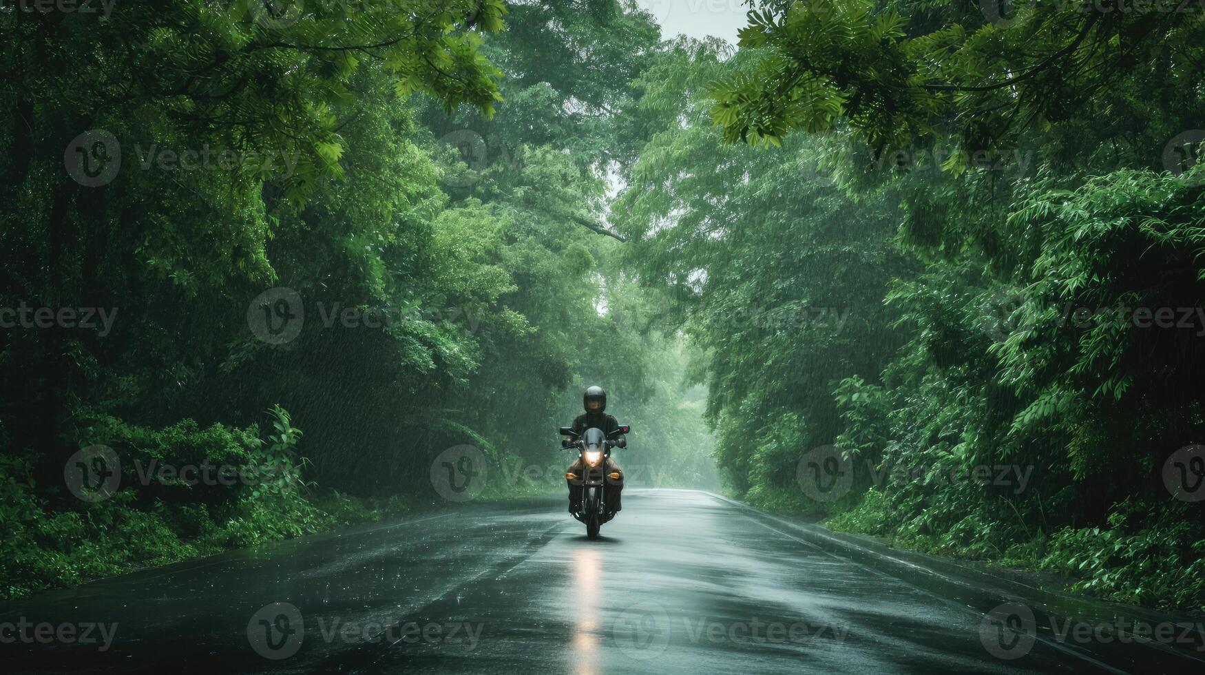 AI generated a motorbike driver navigating through the rain on a densely tree-lined road, the shimmering raindrops and lush foliage creating a captivating ambiance of nature's embrace photo