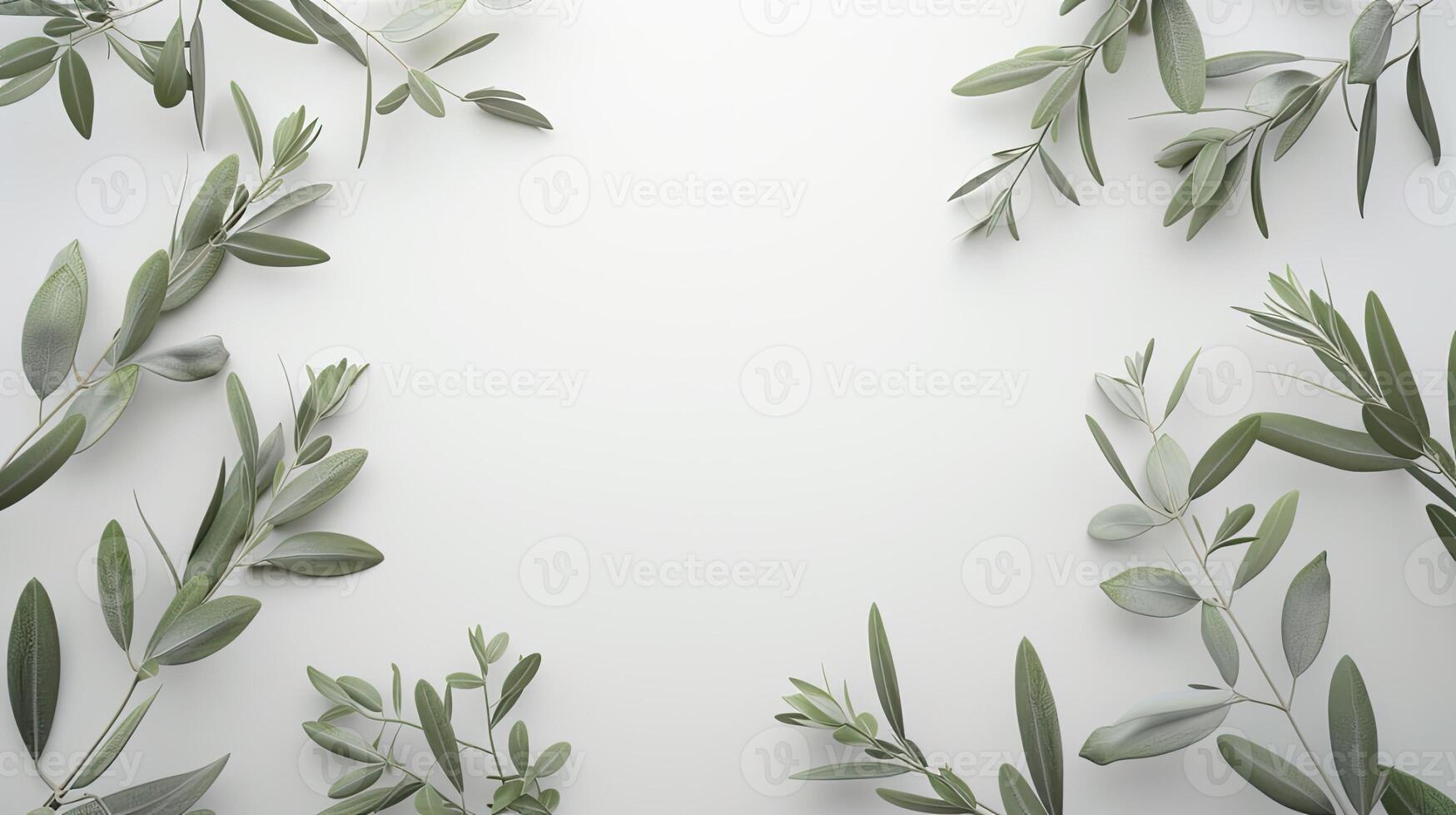 AI generated a blank greeting card mockup featuring olive tree branches delicately arranged on a white table background, perfect for wedding invitations. photo