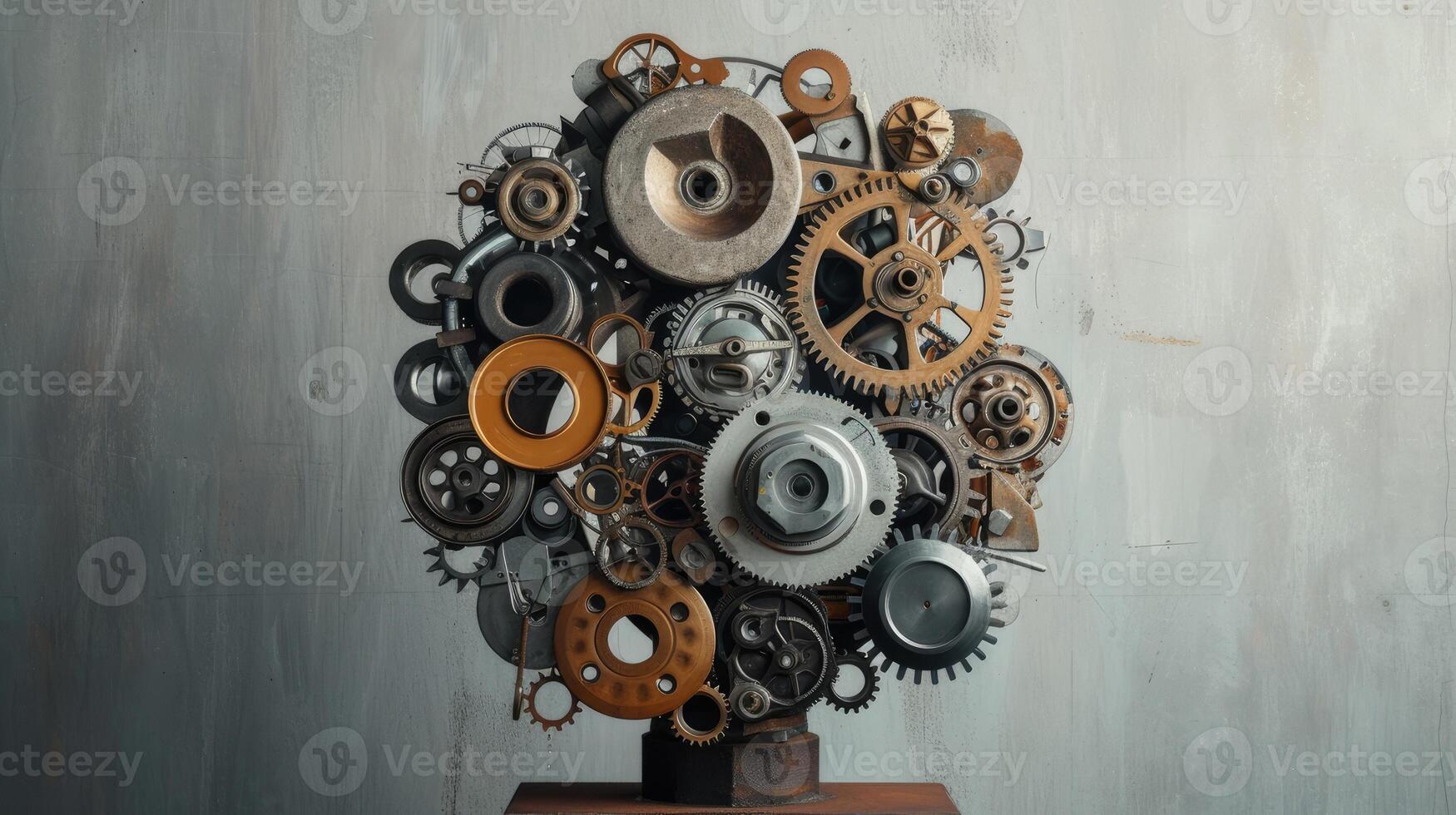 AI generated drum brakes, gears, and assorted metal components artfully displayed on a pedestal, against a grey, oxidized background, evoking an industrial ambiance that celebrates precision photo