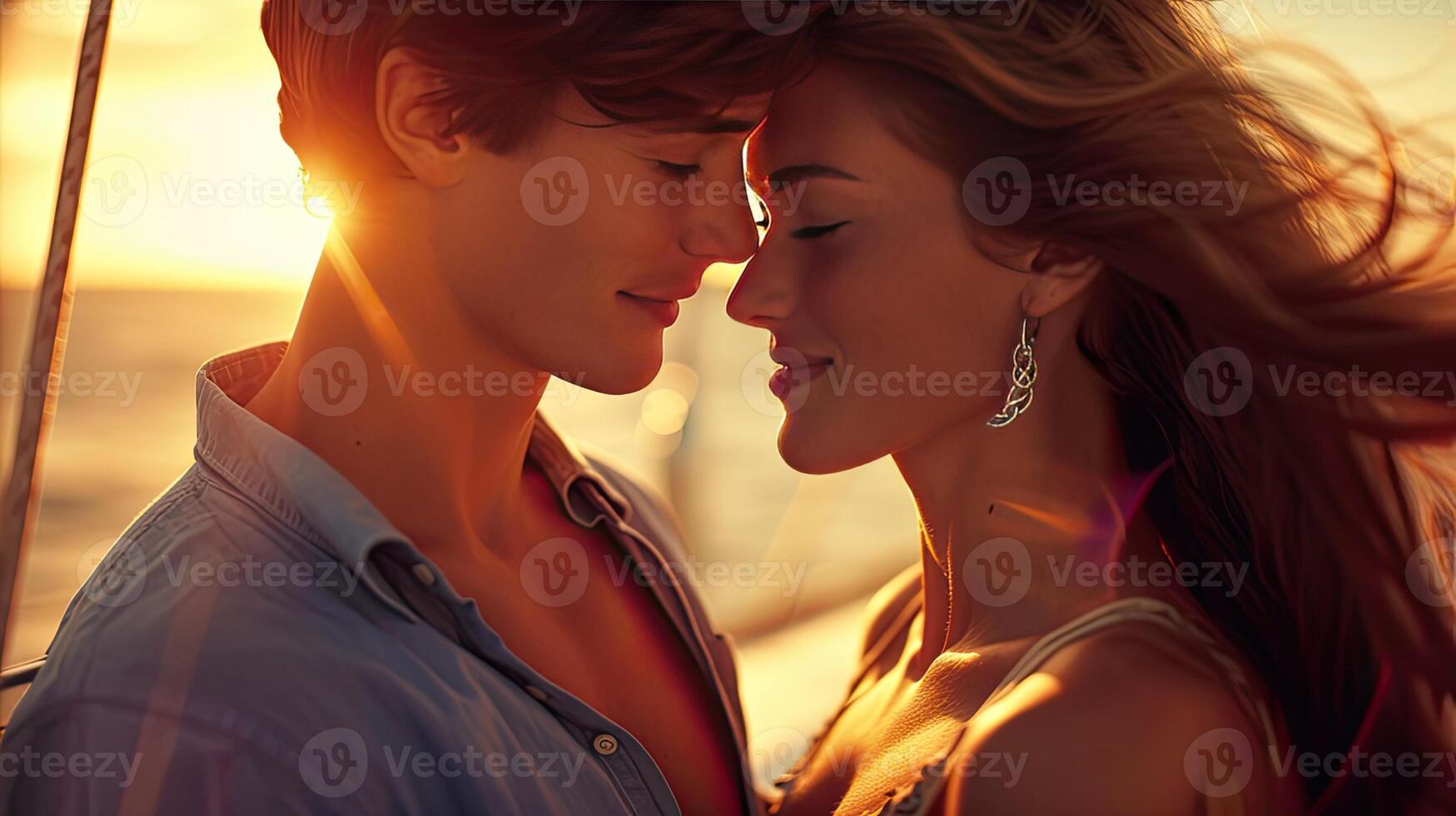 AI generated young couple aboard a yacht with, where their affectionate gestures and smiles reflect the romance of sailing on the open seas. photo