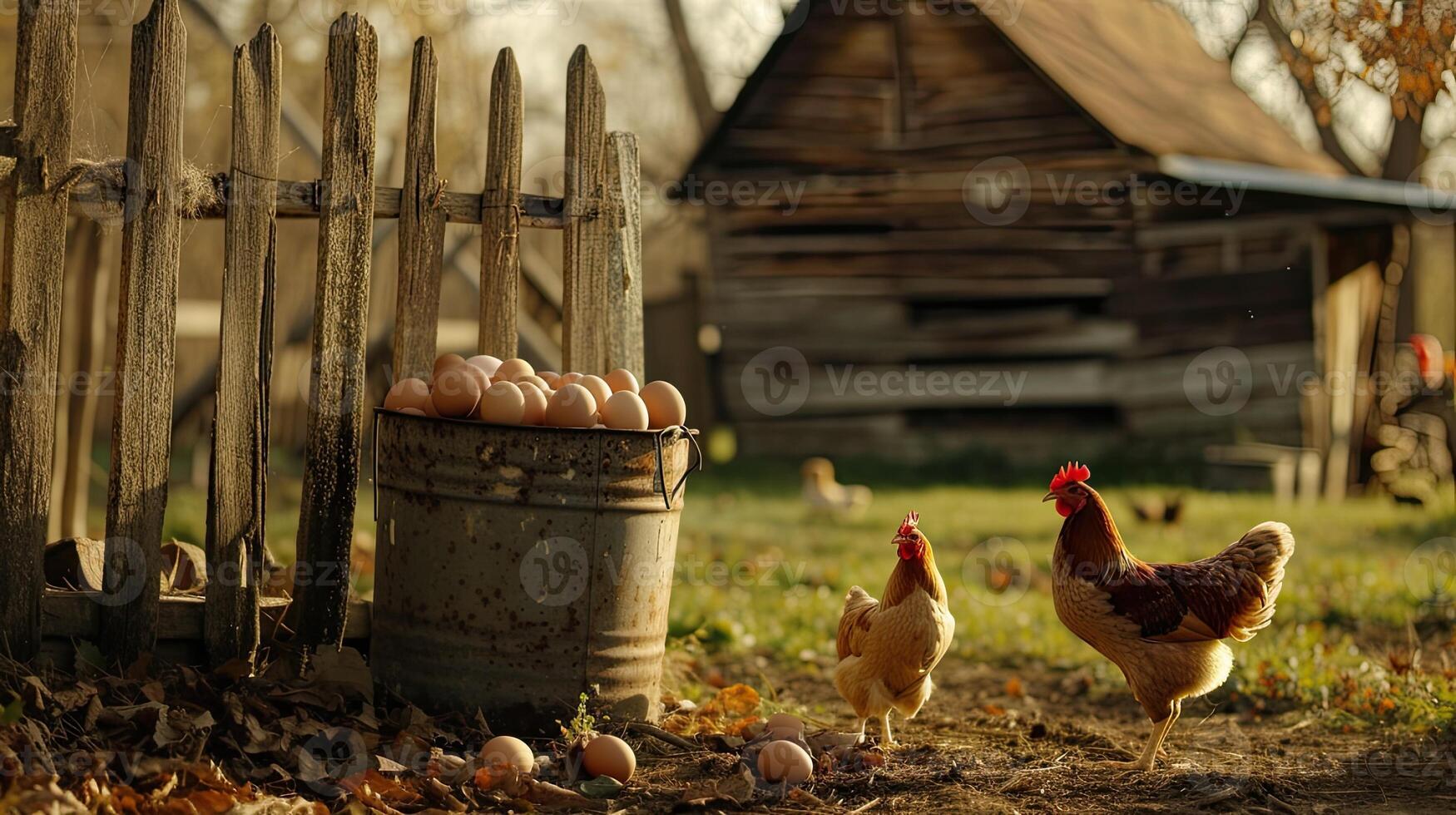 AI generated a sturdy bucket brimming with freshly collected eggs, nestled beside the picket fence of a rustic chicken coop, epitomizing the charm of country living. photo