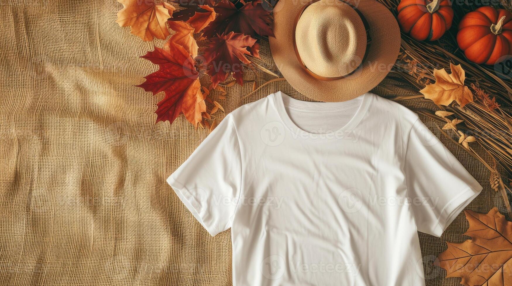AI generated a white t-shirt mockup with a blank shirt template photo, featuring stylish fall accessories against a rustic burlap background for a trendy and seasonal aesthetic. photo