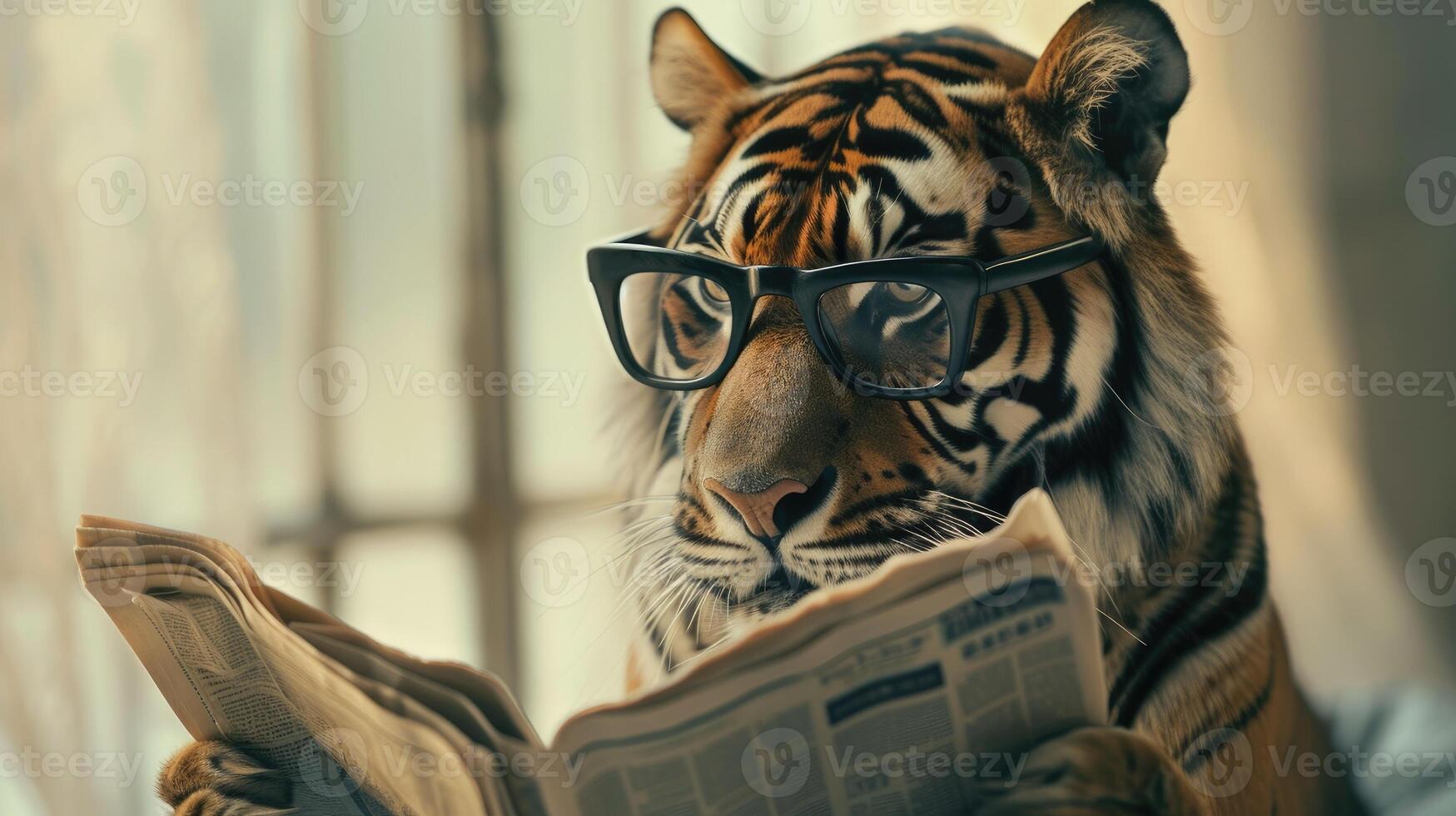 ai generado Tigre vistiendo negro lentes como eso se involucra en el Actuar de leyendo un periódico en contra un sereno, de color claro fondo foto