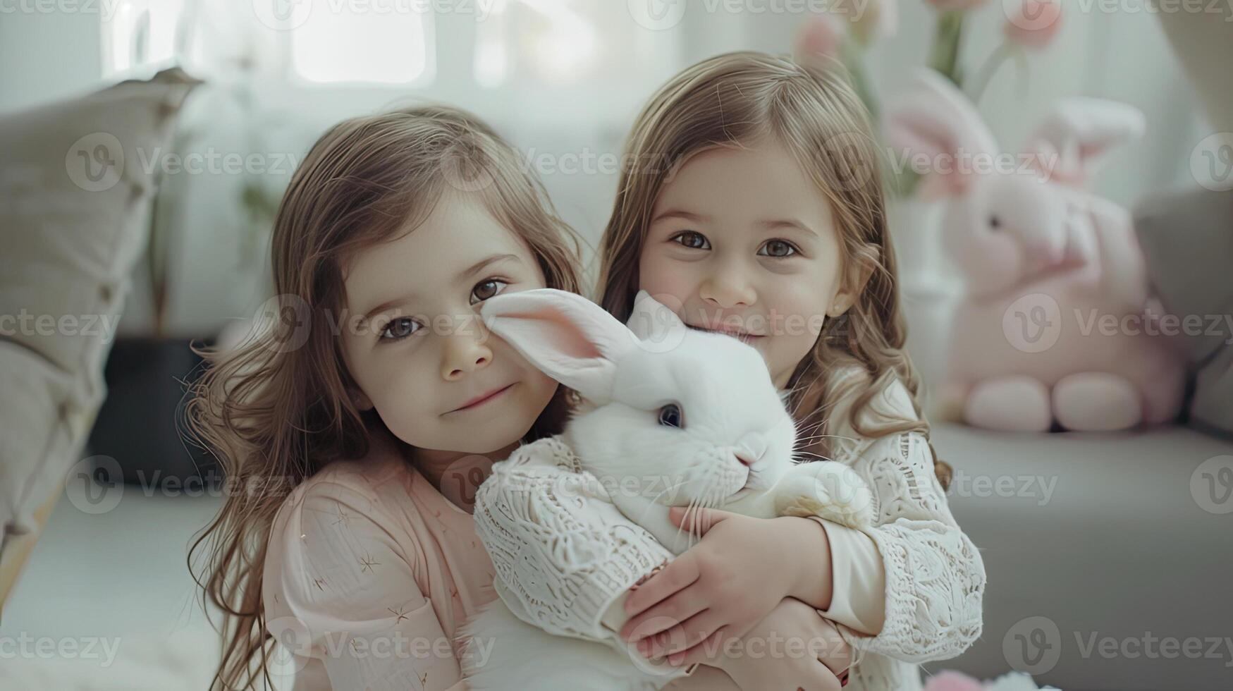 AI generated twin sisters as they hold the Easter bunny, where the juxtaposition of their youthful innocence with the sleek contemporary setting emphasizes the contrast between tradition and modernit photo