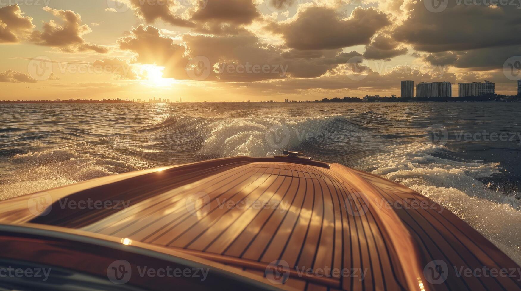 AI generated speedboating through with a realistic close-up shot from the back seat of a speedboat, showcasing the mesmerizing ocean vista during the golden hour, enhanced by captivating shadow play. photo