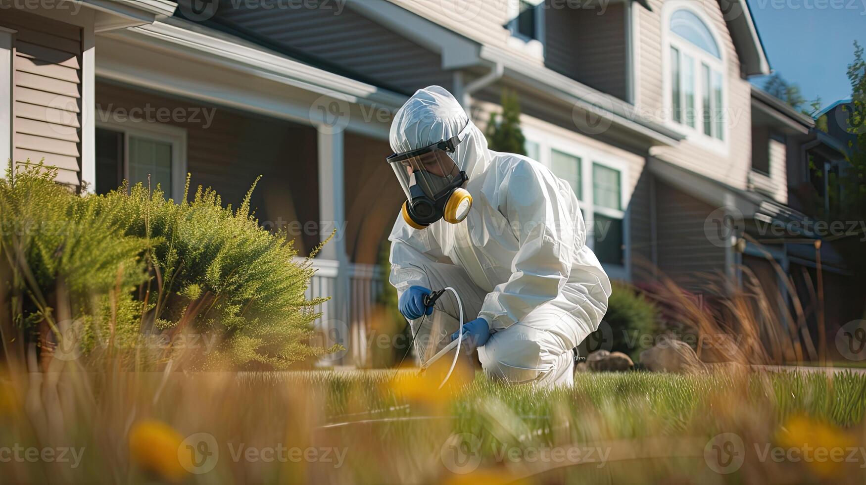 AI generated the technician holding a sprayer and emphasizing the application of the product at the base of the building to ensure thorough protection against pests. photo