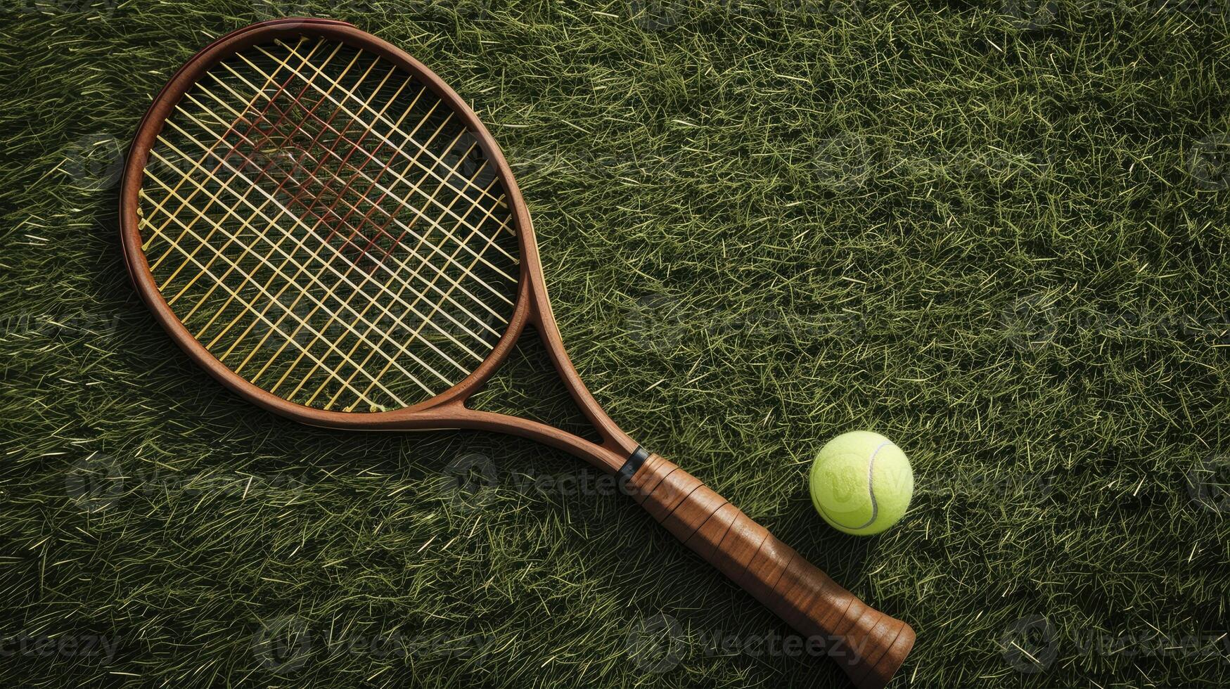 AI generated a wooden tennis racket and ball placed on a grass tennis court, executed in a minimalist style, capturing the essence of the sport with simplicity and elegance. photo