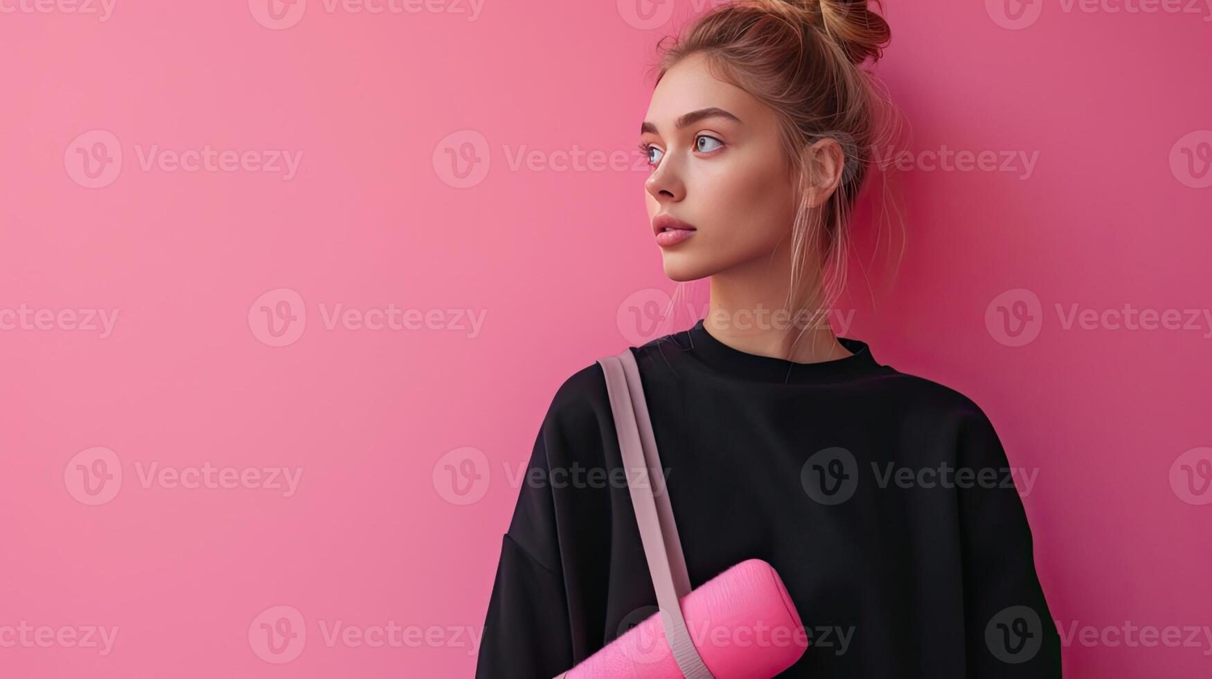 AI Generated a woman with blond hair styled in a casual bun, effortlessly showcasing a plain black crewneck sweatshirt with no wrinkles, her demeanor exuding confidence as she carries a rolled-up pink photo