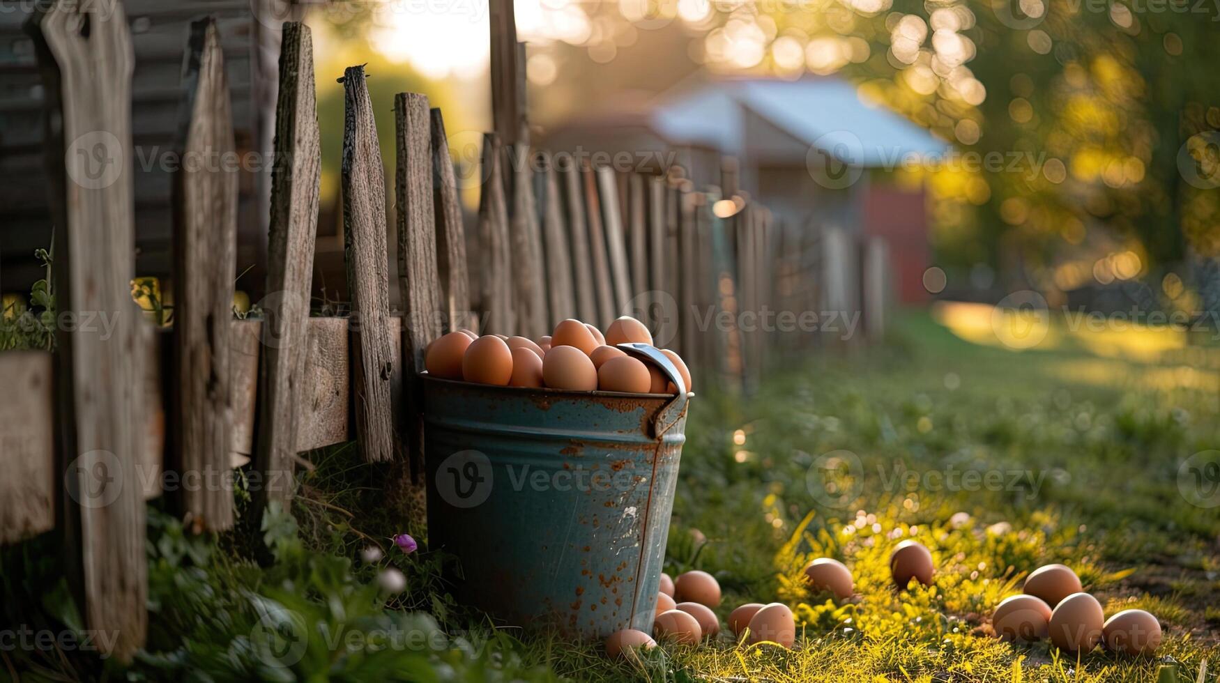 AI generated a sturdy bucket brimming with freshly collected eggs, nestled beside the picket fence of a rustic chicken coop, epitomizing the charm of country living. photo