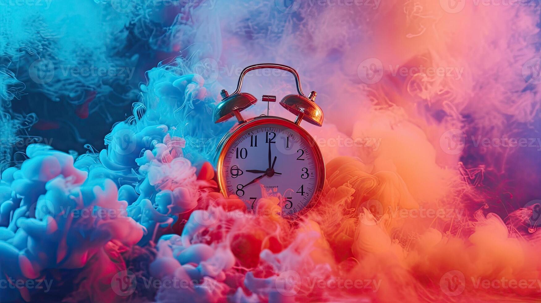 AI generated a clock rings loudly, its vibrant colors blending with bright colored smoke, creating a visually striking scene of alertness and heightened awareness. photo