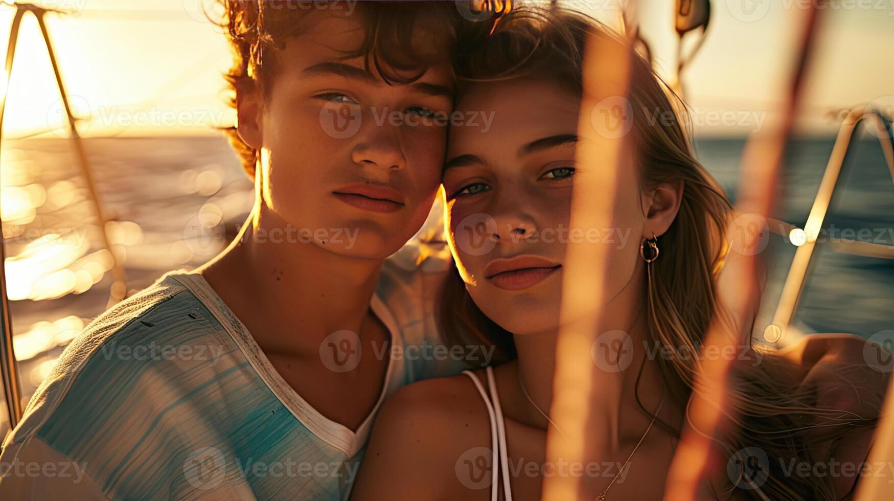 AI generated young couple aboard a yacht with, where their affectionate gestures and smiles reflect the romance of sailing on the open seas. photo