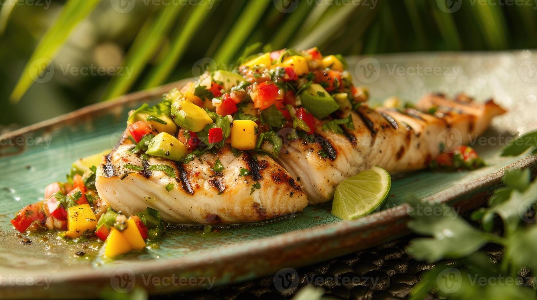 AI generated grilled snapper adorned with a tropical salsa, bursting with the freshness of mango and avocado, elegantly presented on a porcelain platter against a backdrop of lush greenery. photo
