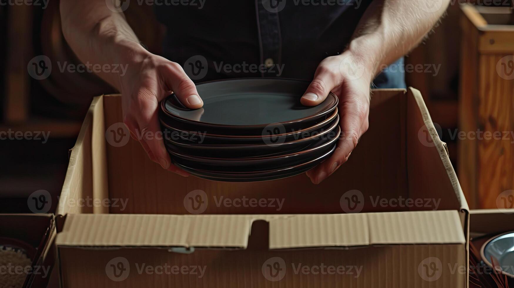 AI generated hands carefully stacking plates into a cardboard moving box, illustrating the meticulous process of packing and securing fragile items for relocation. photo