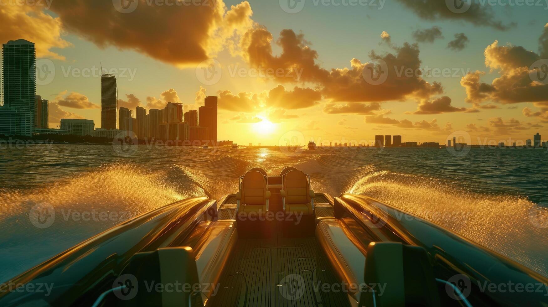 AI generated speedboating through with a realistic close-up shot from the back seat of a speedboat, showcasing the mesmerizing ocean vista during the golden hour, enhanced by captivating shadow play. photo