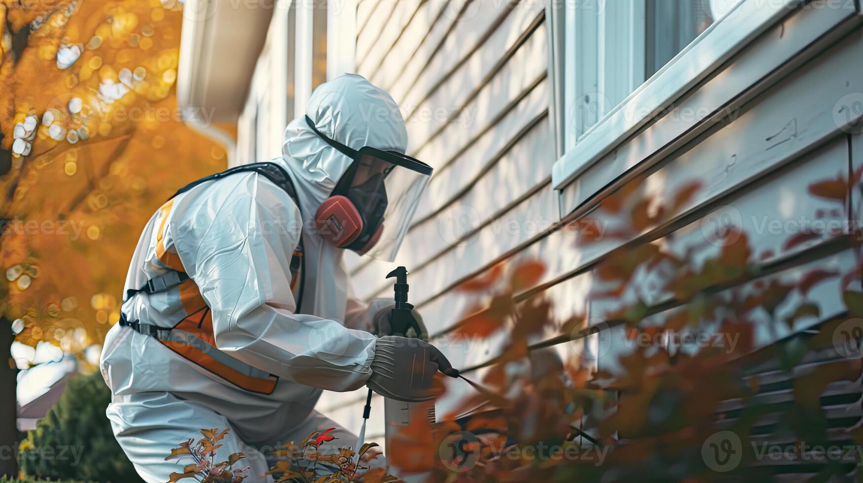 AI generated the technician holding a sprayer and emphasizing the application of the product at the base of the building to ensure thorough protection against pests. photo