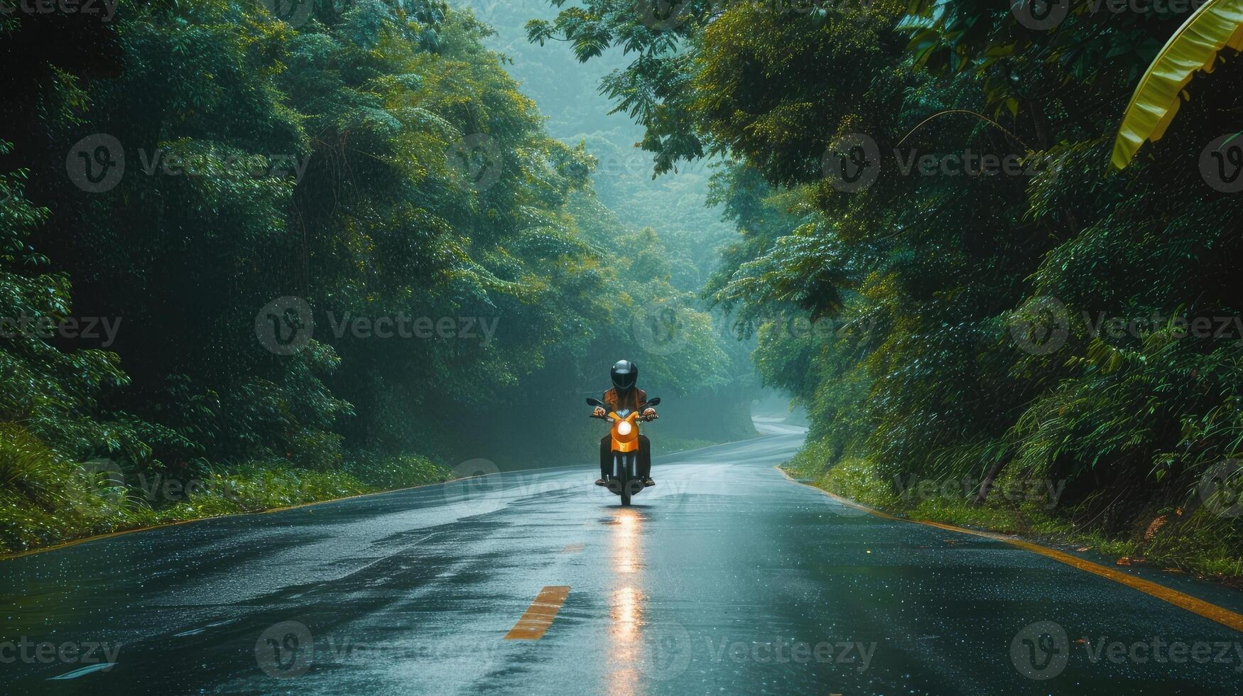 AI generated a motorbike driver navigating through the rain on a densely tree-lined road, the shimmering raindrops and lush foliage creating a captivating ambiance of nature's embrace photo