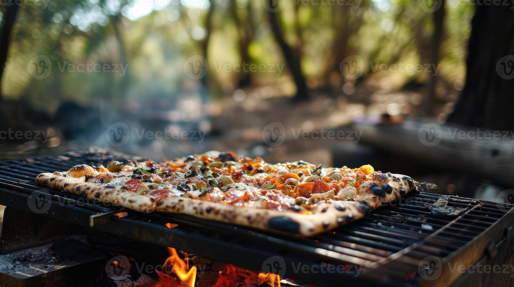 AI generated a sleek Webber grill sizzles with the aroma of pizza being expertly cooked in a picturesque park setting, evoking the ambiance of outdoor culinary delight and camaraderie. photo