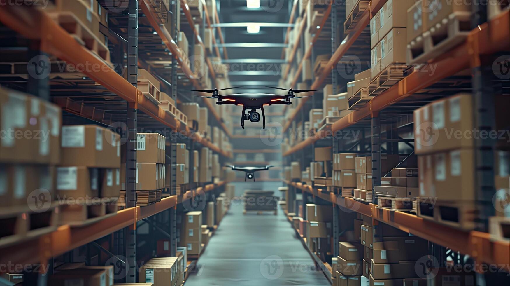 AI generated drones hovering over aisles in a warehouse, diligently scanning barcodes for precise inventory management, showcasing the seamless integration of technology into the supply chain. photo