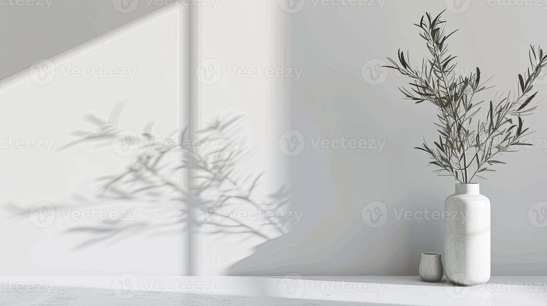 AI generated a blank greeting card mockup featuring olive tree branches delicately arranged on a white table background, perfect for wedding invitations. photo