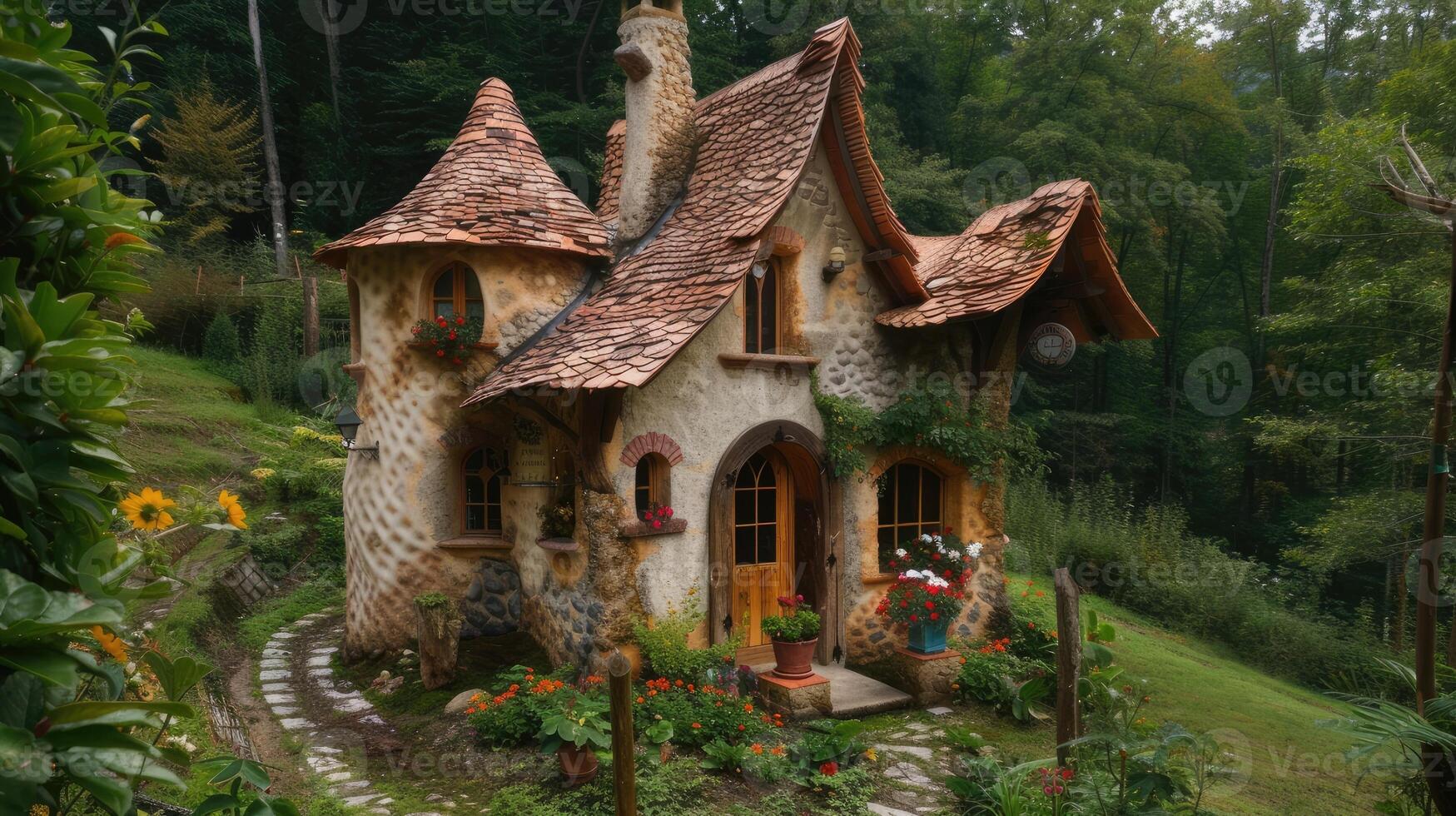 AI generated a small house cleverly designed to resemble a castle, nestled amidst rolling hills and surrounded by whimsical gardens, invoking a sense of fairy-tale charm. photo