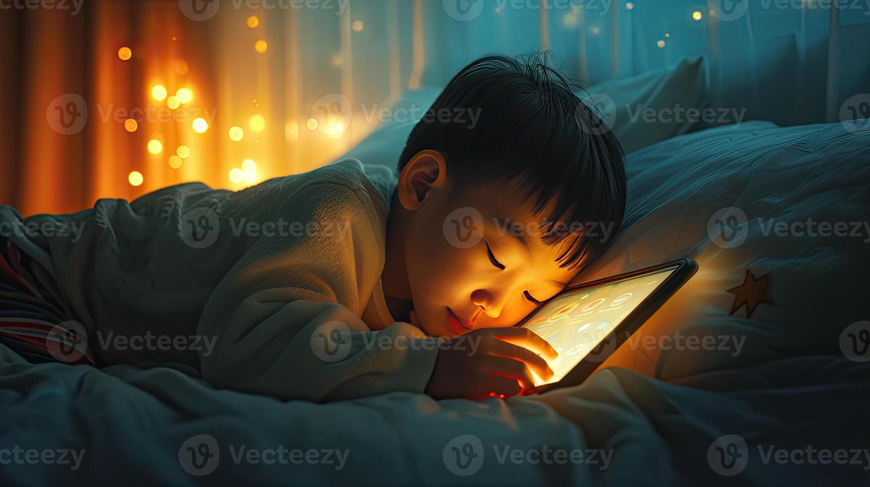 AI generated a Chinese boy engrossed in his mobile phone while lounging in bed, the soft glow of the screen illuminating his face, highlighting the allure of modern technology in everyday life. photo