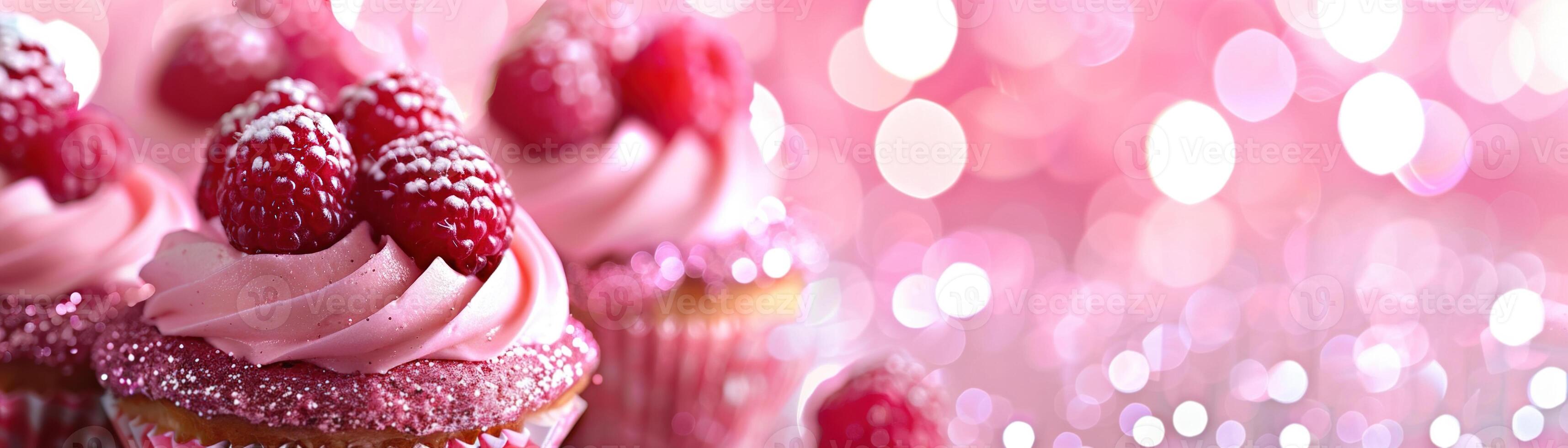 AI generated Pink background with elegant glittering cupcakes, copy space. Women's Day. Its a girl backdrop with empty space. Baby shower or birthday invitation, party. Baby girl birth announcement. photo