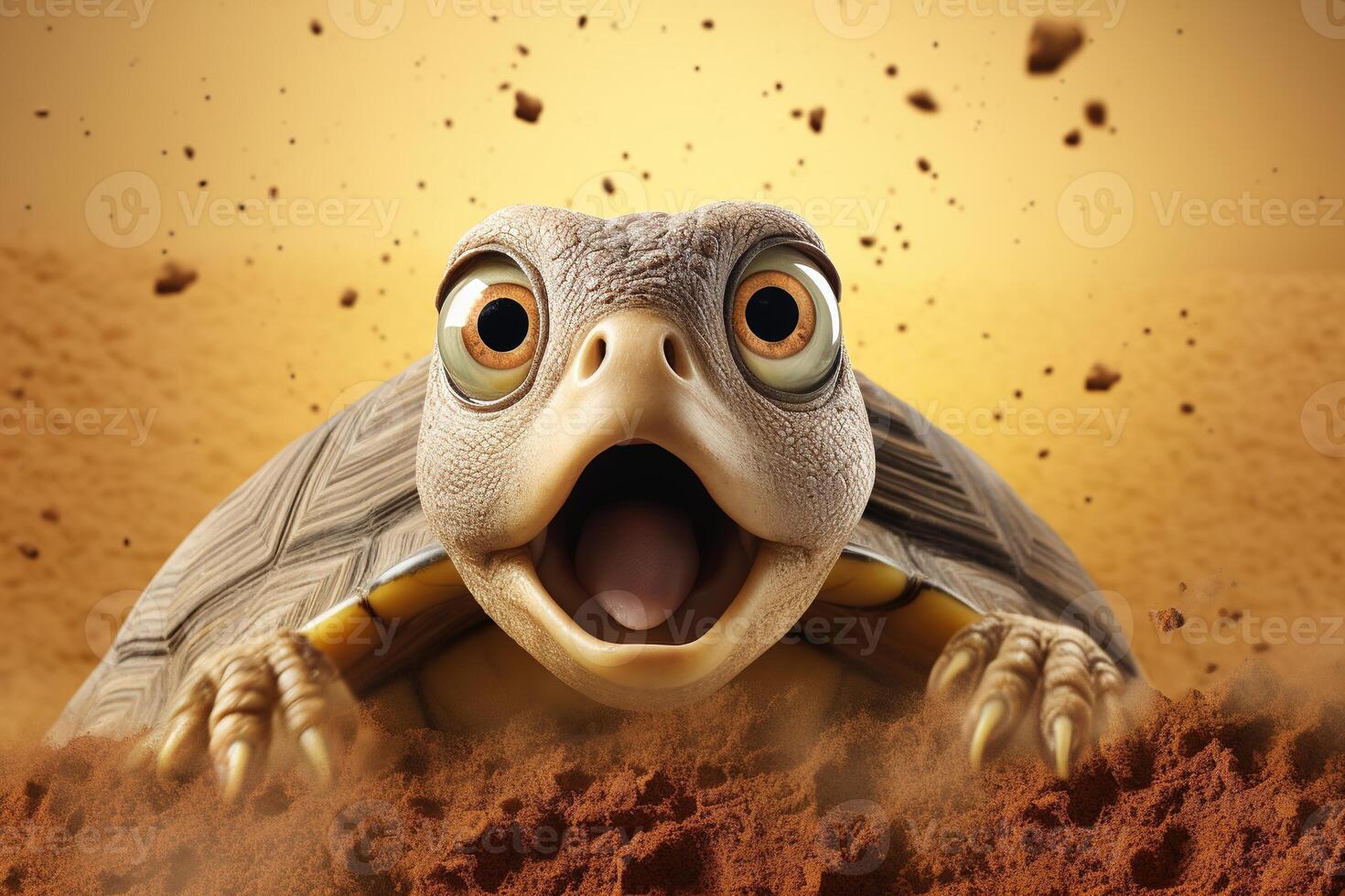 AI generated Cute, surprised turtle with large eyes on brown background. Ideal for promotions, great deals or offers. Good price, Black Friday, discount. Copy space for text. Amazed animal. photo