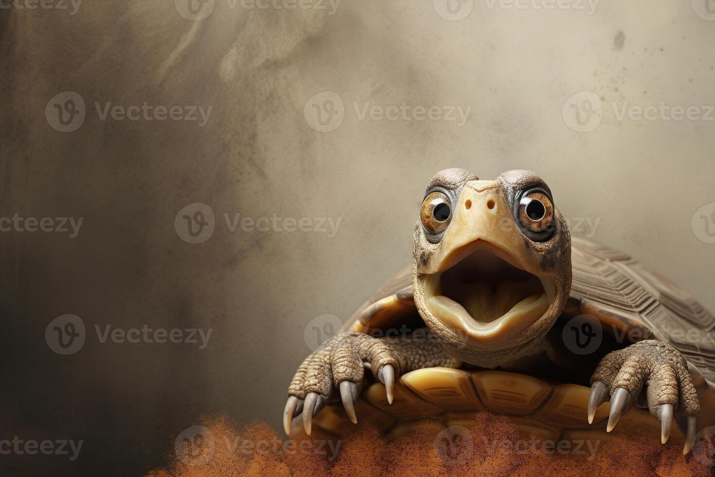 AI generated Cute, surprised turtle with large eyes on brown background. Ideal for promotions, great deals or offers. Good price, Black Friday, discount. Copy space for text. Amazed animal. photo