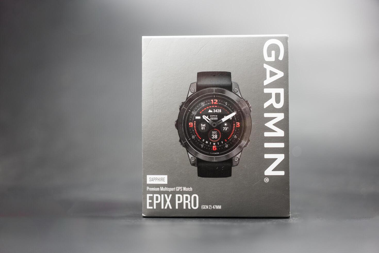 Bangkok, Thailand - February 14, 2024 A box of Garmin smart watch Epix Pro Gen 2, a step counter and amount of calories burned. photo