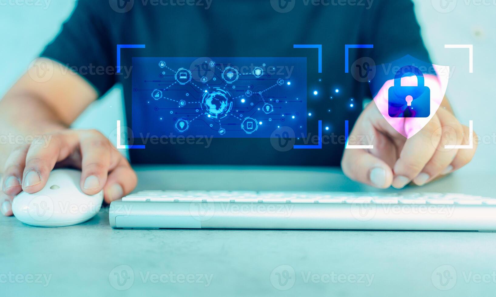 Man select the icon security on the virtual display. Cyber security data protection photo