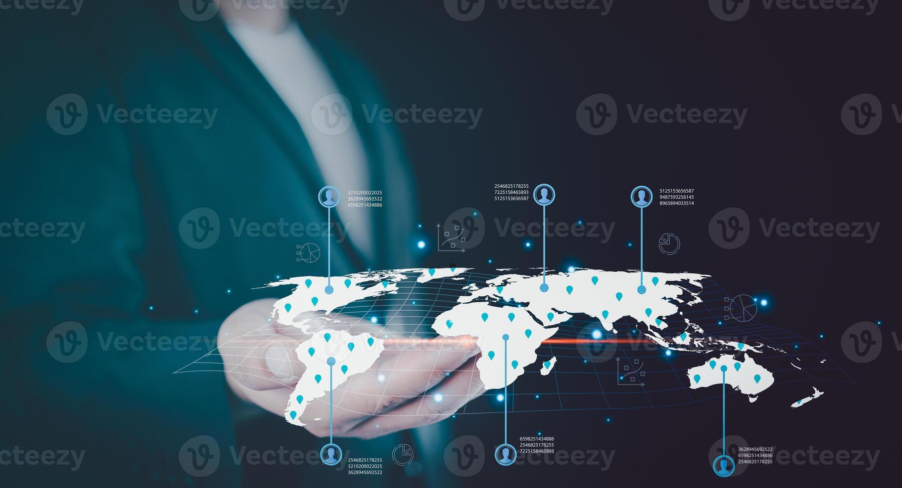 Businessman showing  of map connection line in world map on virtual screen of planet earth show start up, business plan, communicate, technology, global network, internet concept photo