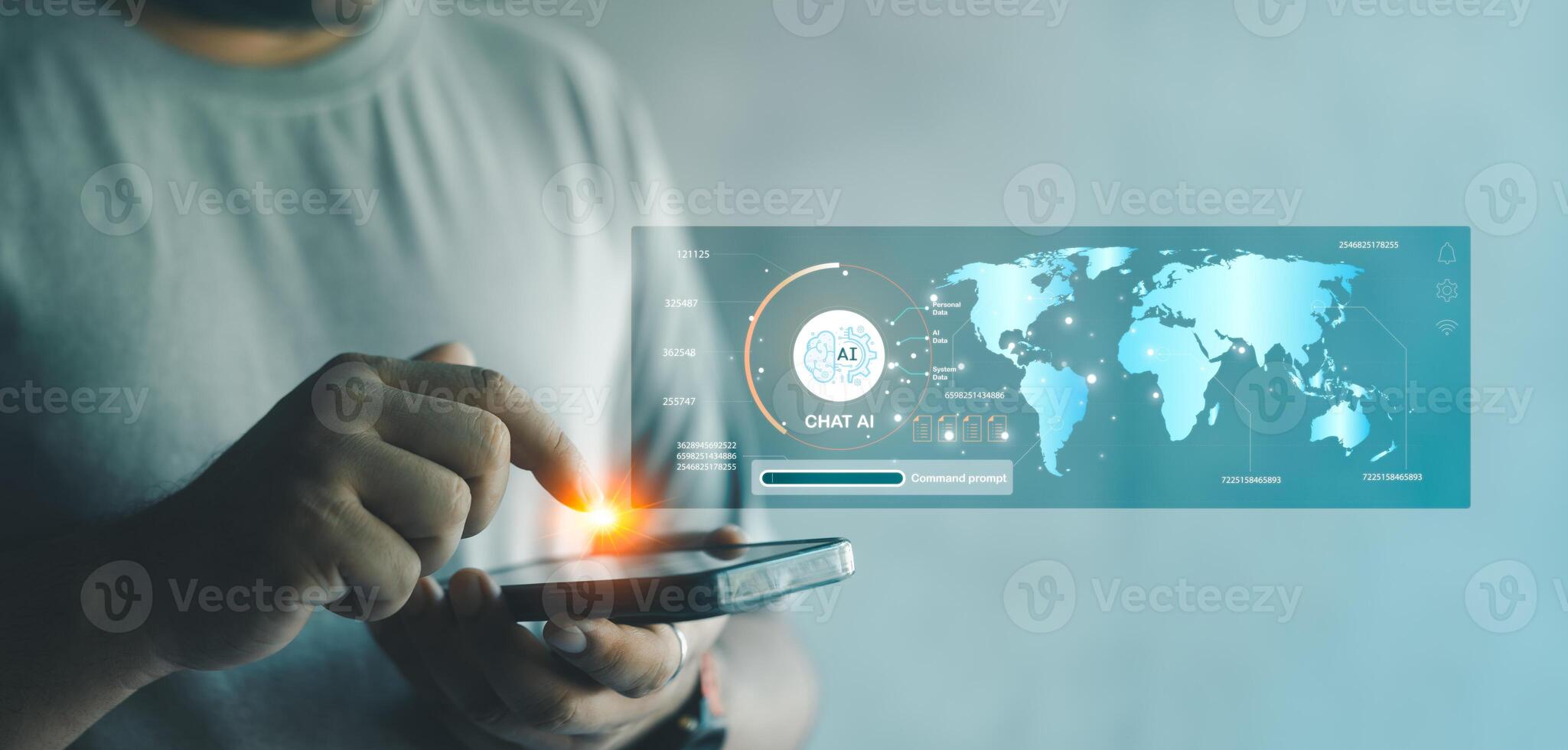 Man using chatbot in phone smart intelligence Ai. Chat bot with AI Artificial Intelligence photo