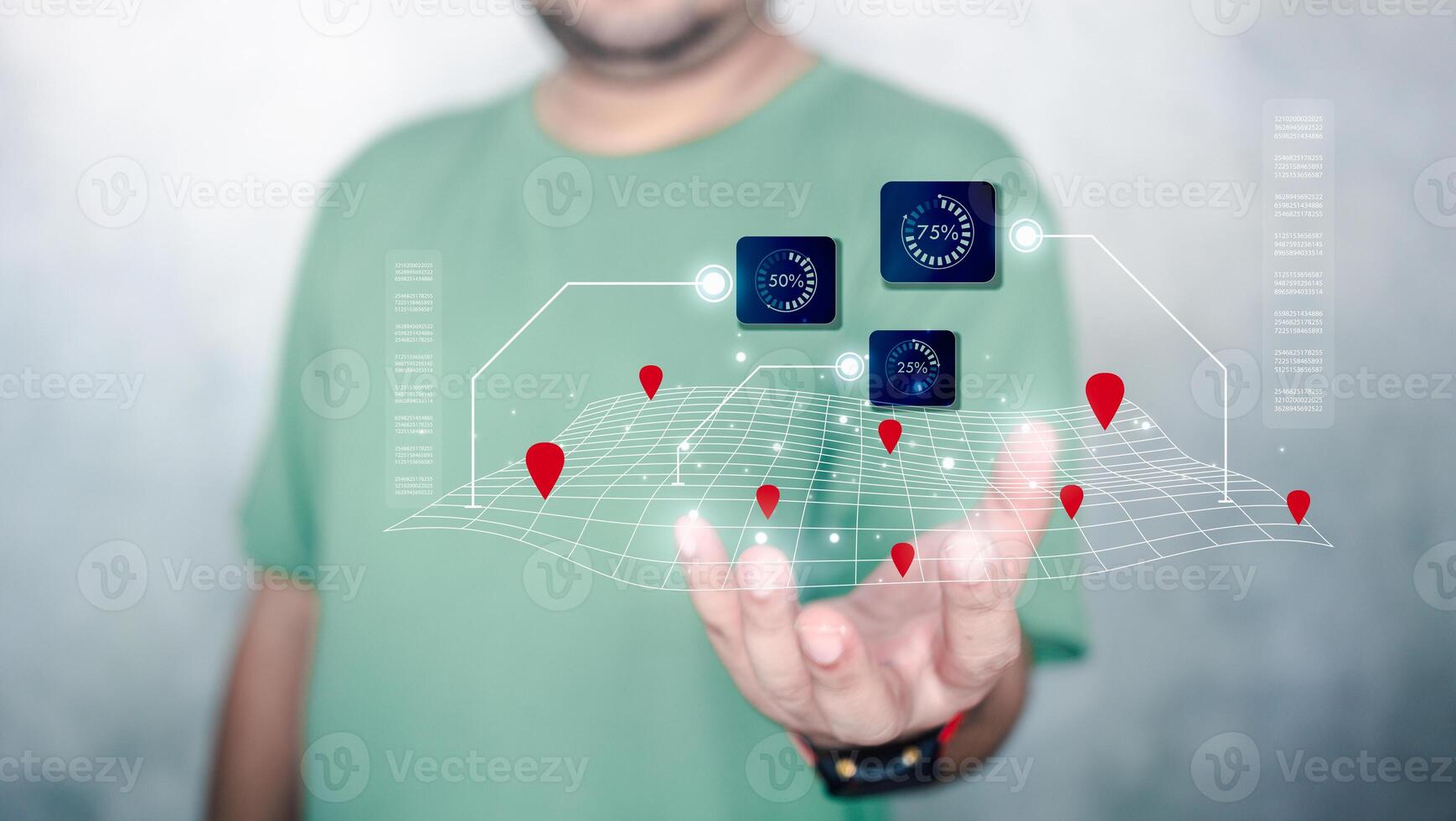 Men holding holograms virtual screen map to scan for new location for new startup photo