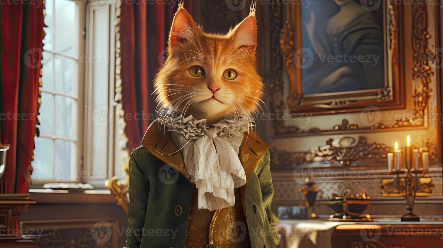 AI generated an animated kitten exuding sophistication in its attire, portrayed in hyper-realistic detail photo