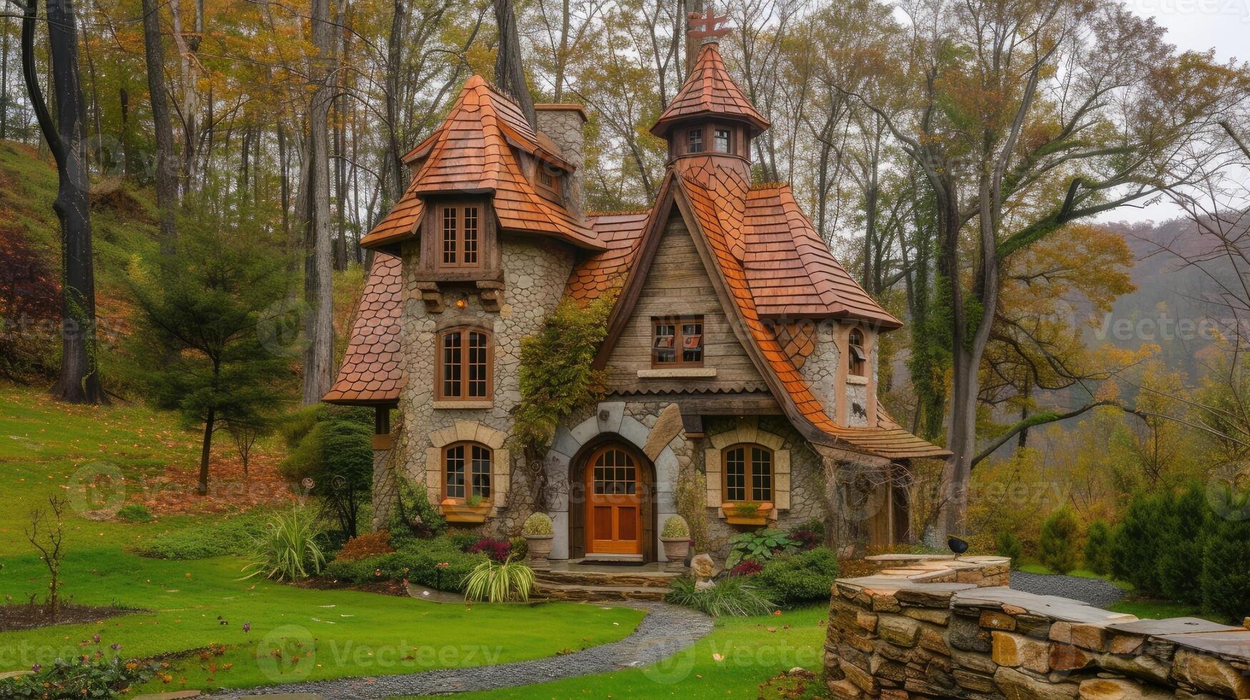AI generated a small house cleverly designed to resemble a castle, nestled amidst rolling hills and surrounded by whimsical gardens, invoking a sense of fairy-tale charm. photo