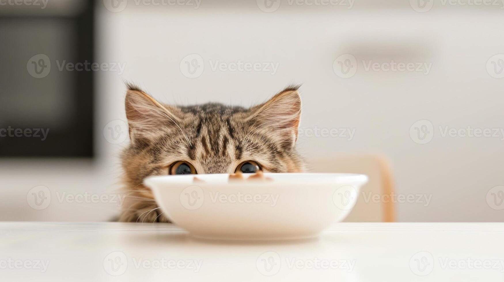 AI generated a cat its head out from under the table, drawn by the aroma of wet cat food in a bowl placed on the table, against a  white background, showcasing the irresistible allure of dining photo