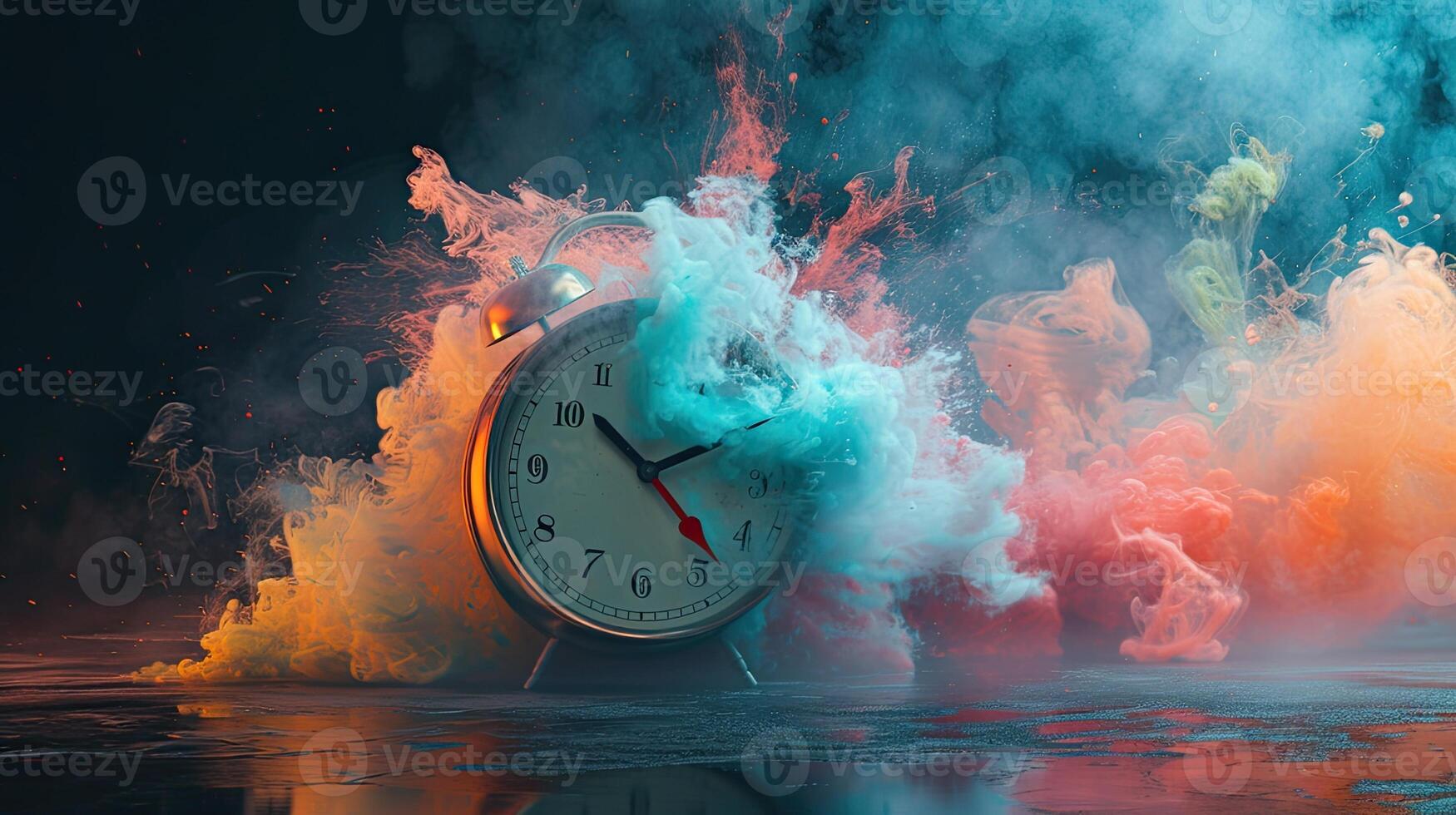 AI generated a clock rings loudly, its vibrant colors blending with bright colored smoke, creating a visually striking scene of alertness and heightened awareness. photo