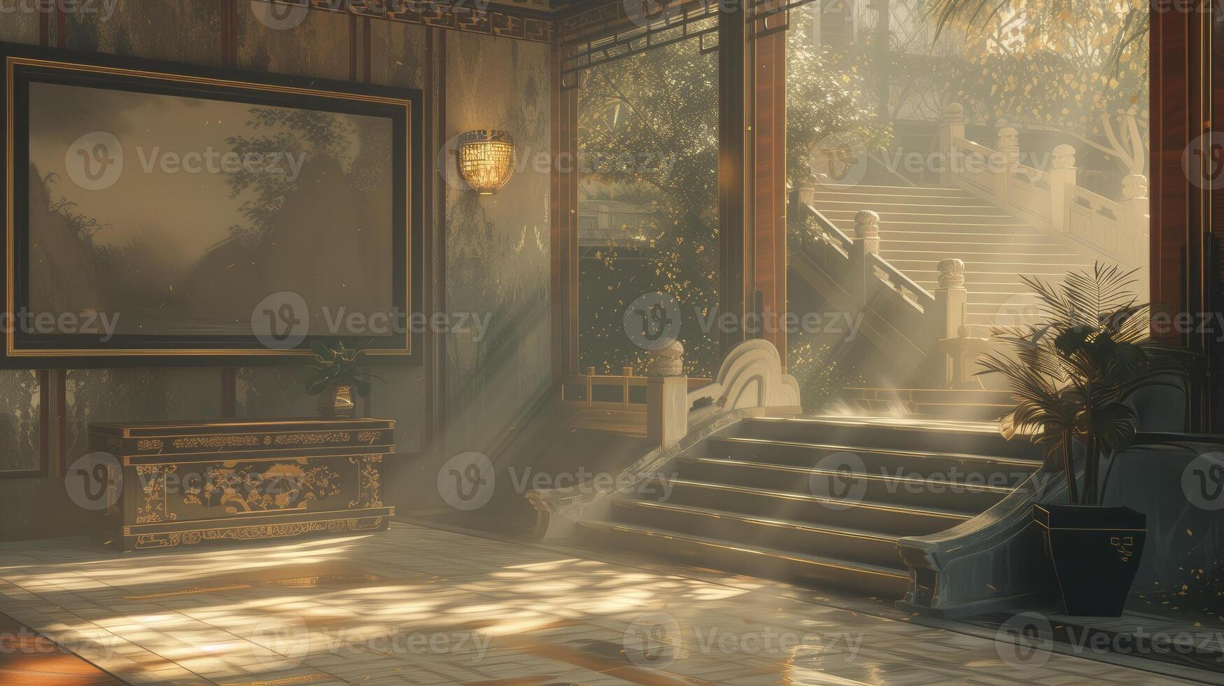 AI generated a Zen-style living space with stairs, an oil painting in a wooden frame, in light gray and amber tones, while a mural with a translucent overlay adds depth and tranquility to the space photo