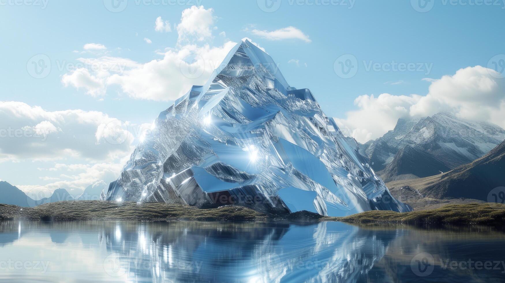 AI generated a mountain landscape crafted entirely from mirrors in a realistic photograph, reflecting the surrounding environment and creating a mesmerizing optical illusion. photo