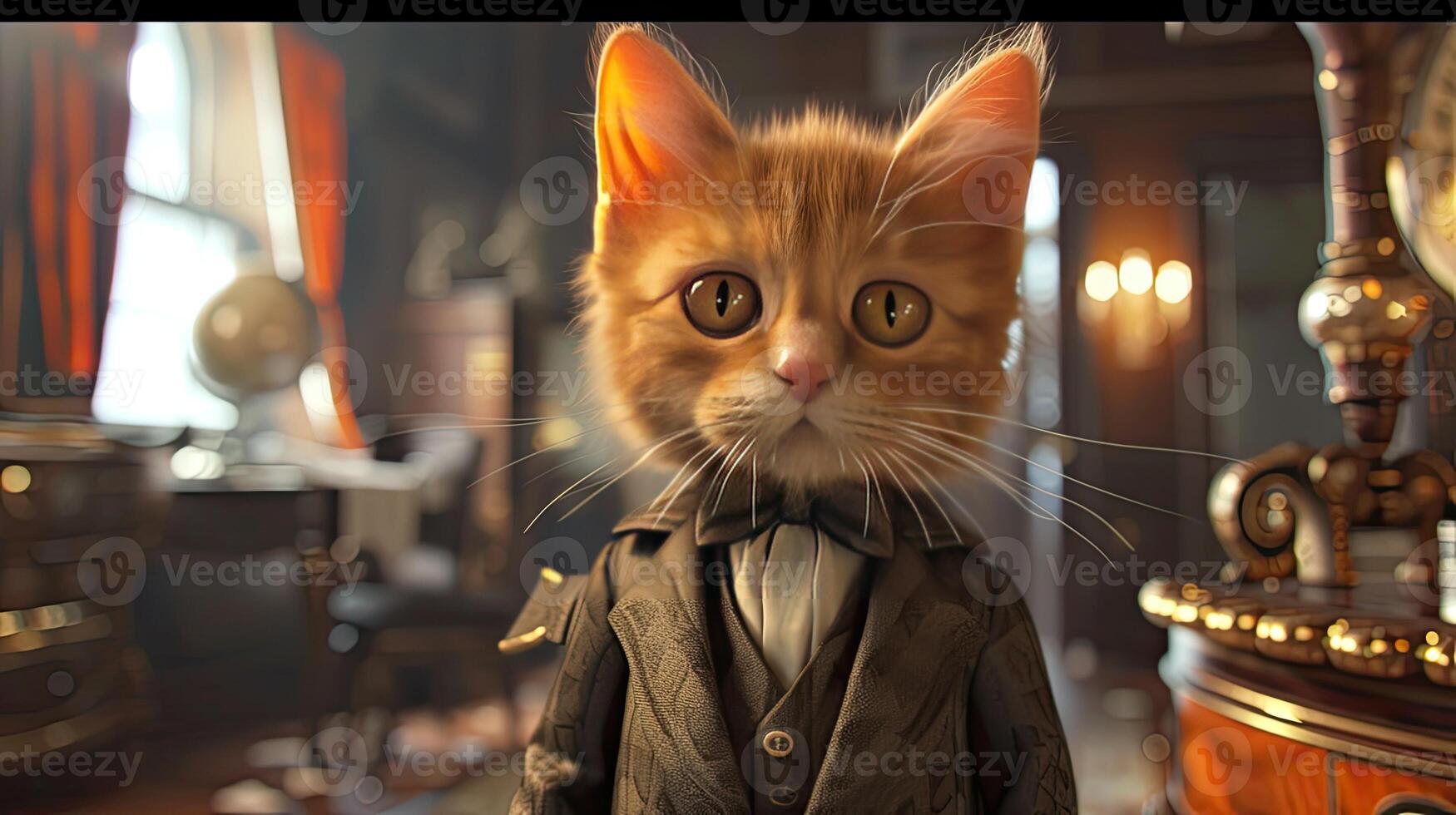 AI generated an animated kitten exuding sophistication in its attire, portrayed in hyper-realistic detail photo