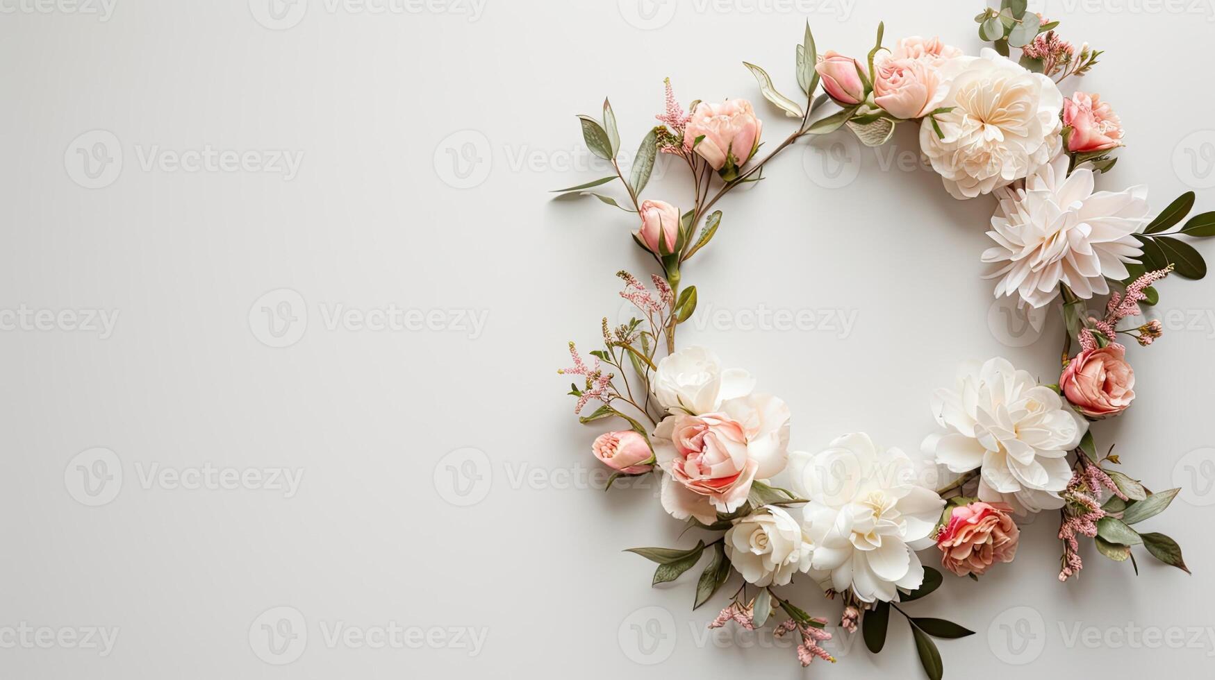 AI generated a floral wreath delicately arranged on a light background, with ample free space for text, perfect for wedding invitations, greeting cards, or announcements, exuding beauty photo