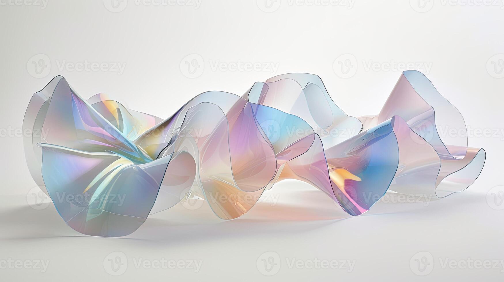 AI generated abstract minimalism with a realistic photograph featuring translucent organic amorphous flat shapes overlapping in iridescent layers, set against a pristine white background. photo