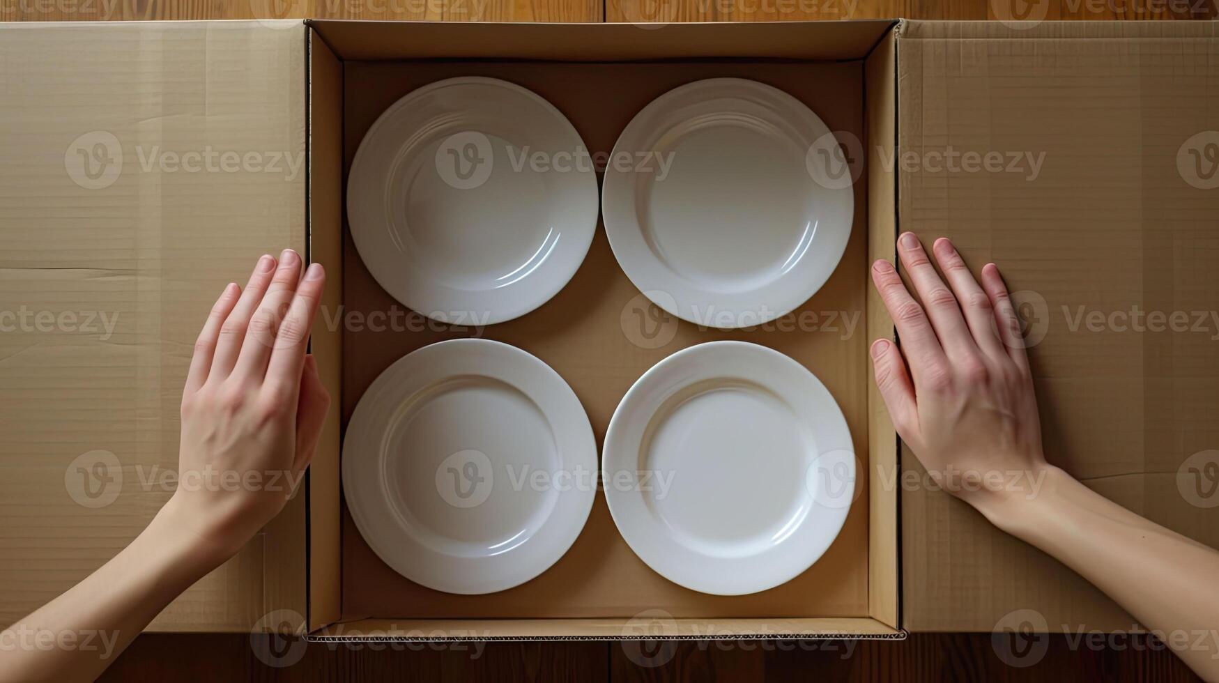 AI generated hands carefully stacking plates into a cardboard moving box, illustrating the meticulous process of packing and securing fragile items for relocation. photo